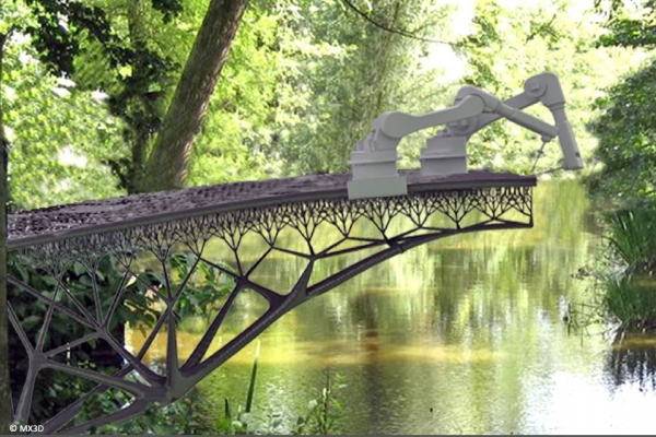 Impression 3D d'un pont - Source : MX3D "Will 3D printing (of bio-based materials) save the world ?" - Nathalie Labonnote, SINTEF (Biocomposites Conference Cologne)